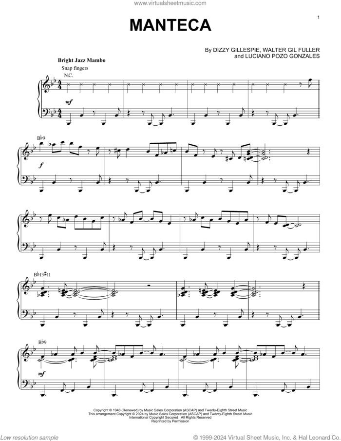 Manteca (arr. Brent Edstrom) sheet music for piano solo by Dizzy Gillespie, Brent Edstrom, Luciano Pozo Gonzales and Walter Gil Fuller, intermediate skill level