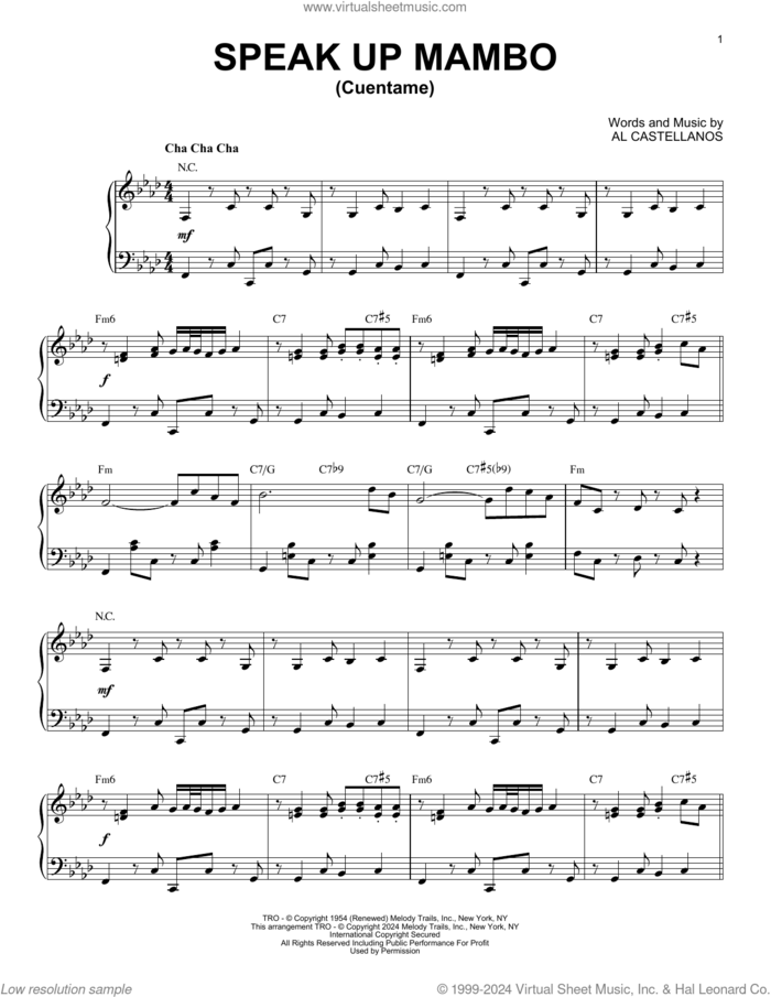 Speak Up Mambo (Cuentame) (arr. Brent Edstrom) sheet music for piano solo by Al Castellanos and Brent Edstrom, intermediate skill level