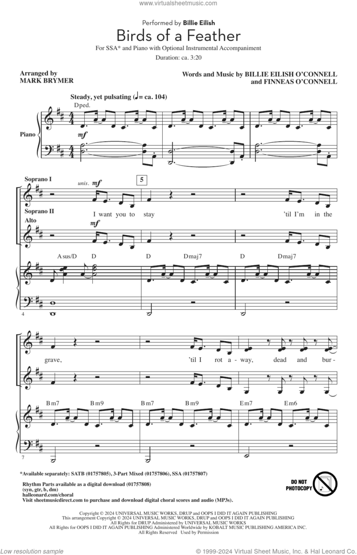 Birds Of A Feather (arr. Mark Brymer) sheet music for choir (SSA: soprano, alto) by Billie Eilish and Mark Brymer, intermediate skill level