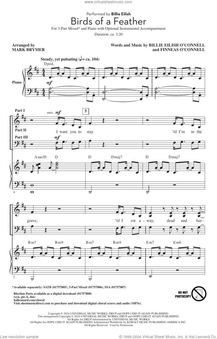 Birds Of A Feather (arr. Mark Brymer) sheet music for choir (3-Part Mixed) by Billie Eilish and Mark Brymer, intermediate skill level