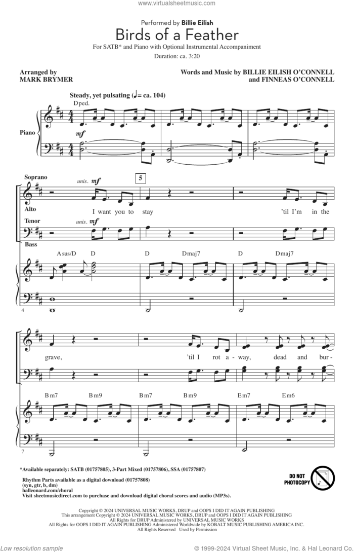 Birds Of A Feather (arr. Mark Brymer) sheet music for choir (SATB: soprano, alto, tenor, bass) by Billie Eilish and Mark Brymer, intermediate skill level