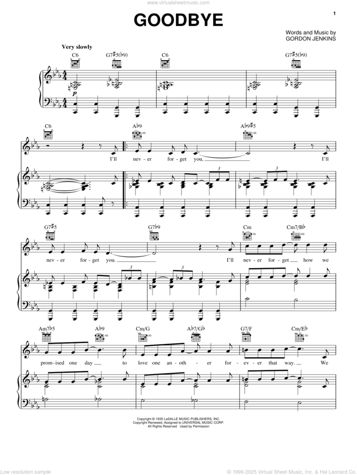 Goodbye sheet music for voice, piano or guitar by Benny Goodman, Dinah Washington, Rosemary Clooney and Gordon Jenkins, intermediate skill level