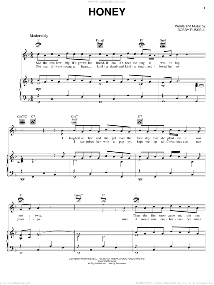 Honey sheet music for voice, piano or guitar by Bobby Goldsboro, Hank Snow and Bobby Russell, intermediate skill level