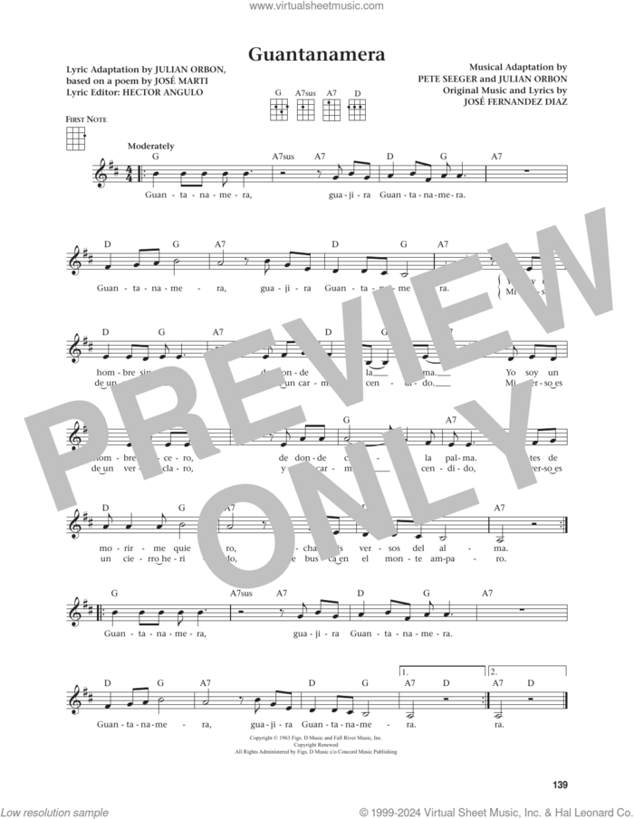 Guantanamera (from The Daily Ukulele) (arr. Jim Beloff) sheet music for ukulele by Hector Angulo, Jim Beloff, based on a poem by Jose Marti, Jose Fernandez Diaz, Julian Orbon and Pete Seeger, intermediate skill level