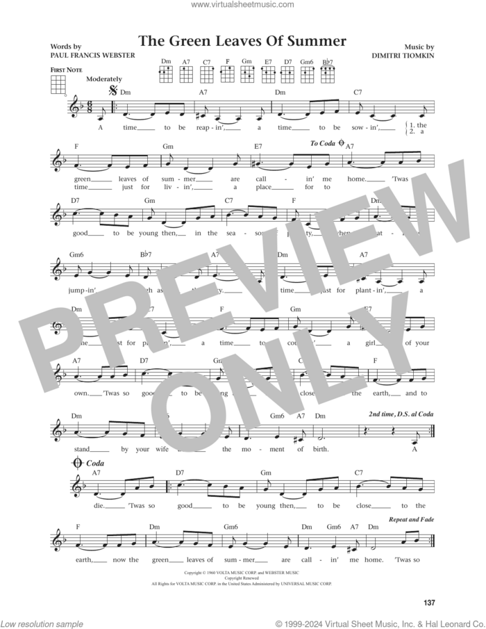 The Green Leaves Of Summer (from The Daily Ukulele) (arr. Jim Beloff) sheet music for ukulele by The Brothers Four, Jim Beloff and Dmitri Tiomkin, intermediate skill level