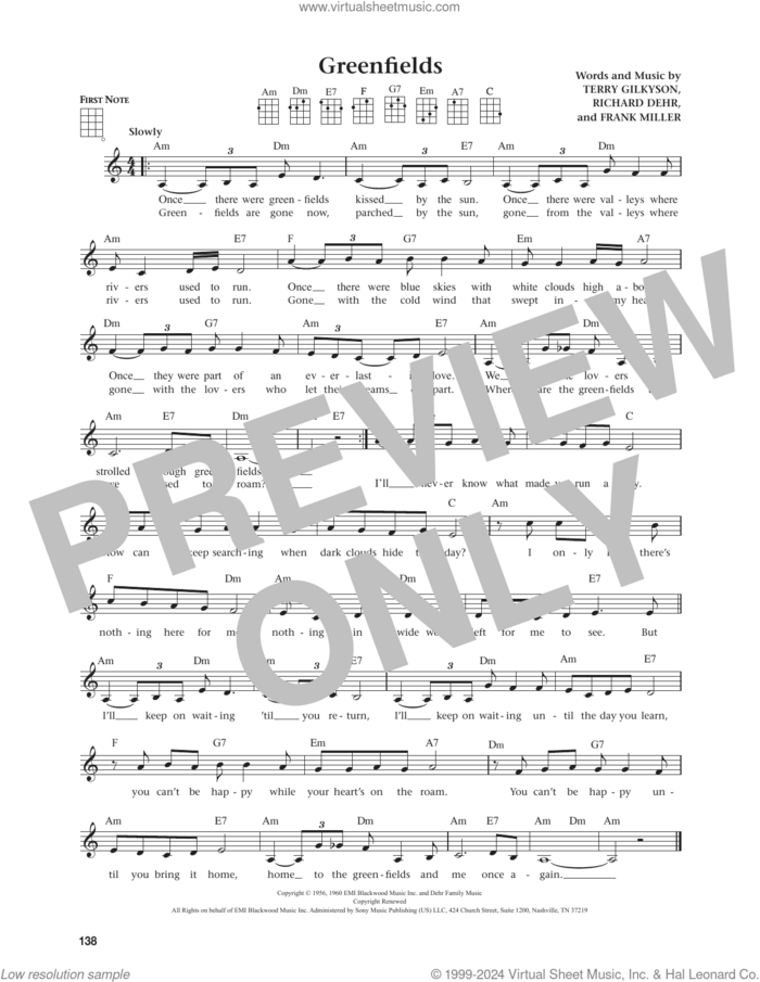 Greenfields (from The Daily Ukulele) (arr. Jim Beloff) sheet music for ukulele by The Brothers Four, Jim Beloff, Frank Miller, Richard Dehr and Terry Gilkyson, intermediate skill level