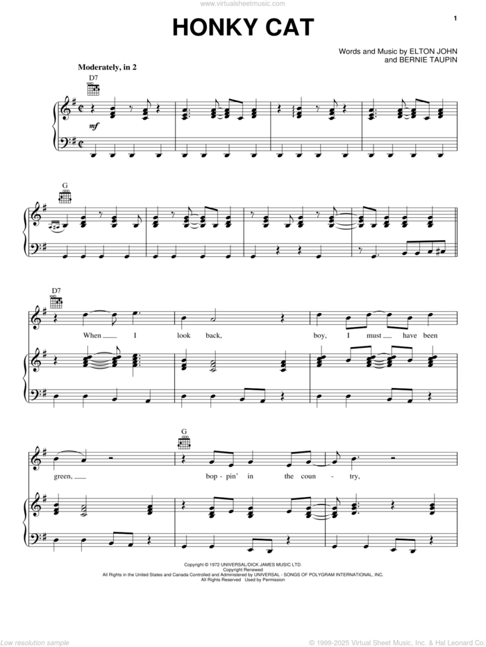 Honky Cat sheet music for voice, piano or guitar by Elton John and Bernie Taupin, intermediate skill level