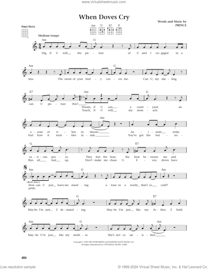 When Doves Cry (from The Daily Ukulele) (arr. Jim Beloff) sheet music for ukulele by Prince and Jim Beloff, intermediate skill level