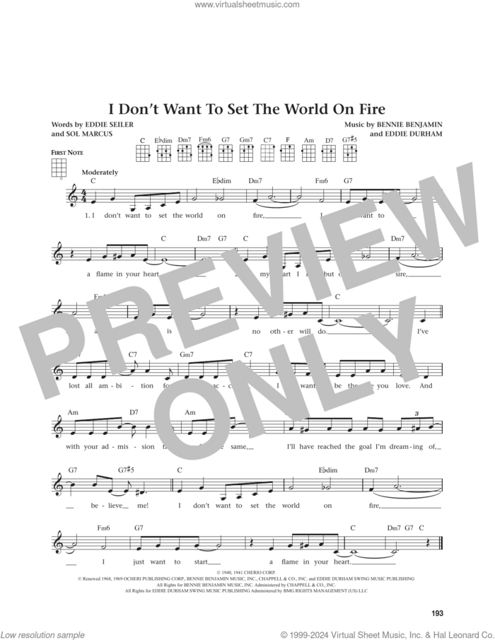 I Don't Want To Set The World On Fire (from The Daily Ukulele) (arr. Jim Beloff) sheet music for ukulele by Eddie Seiler, Jim Beloff, Bennie Benjamin, Eddie Durham and Sol Marcus, intermediate skill level