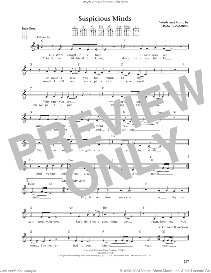 Suspicious Minds (from The Daily Ukulele) (arr. Jim Beloff) sheet music for ukulele by Elvis Presley, Jim Beloff, Dwight Yoakam and Francis Zambon, intermediate skill level