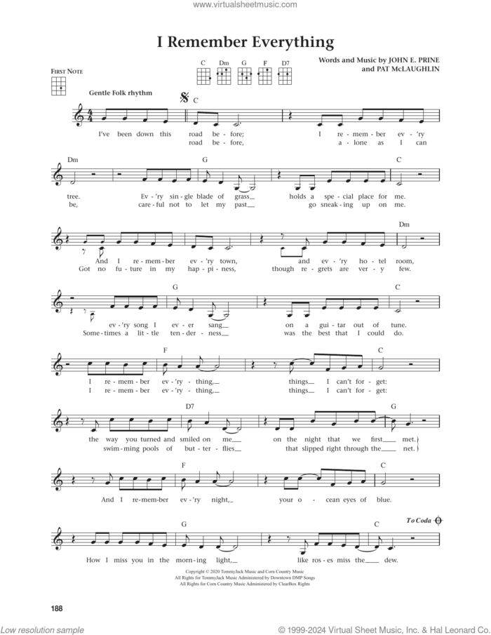 I Remember Everything (from The Daily Ukulele) (arr. Jim Beloff) sheet music for ukulele by John Prine, Jim Beloff, John E. Prine and Pat McLaughlin, intermediate skill level