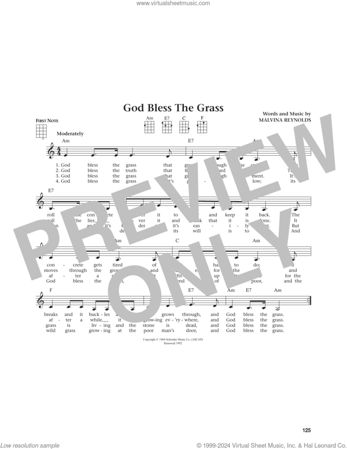 God Bless The Grass (from The Daily Ukulele) (arr. Jim Beloff) sheet music for ukulele by Malvina Reynolds and Jim Beloff, intermediate skill level