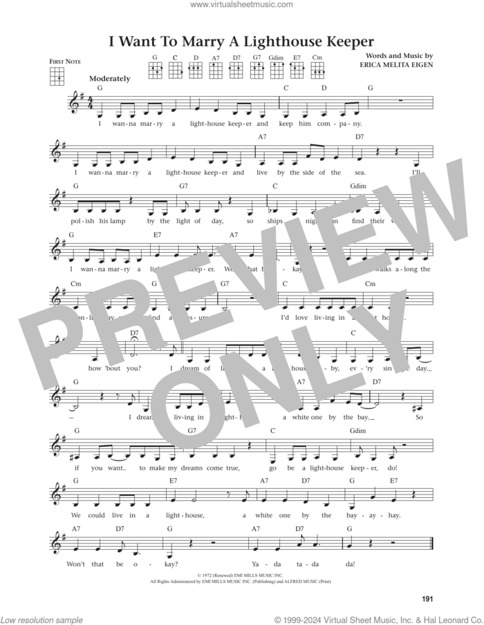 I Want To Marry A Lighthouse Keeper (from The Daily Ukulele) (arr. Jim Beloff) sheet music for ukulele by Erica Melita Eigen and Jim Beloff, intermediate skill level