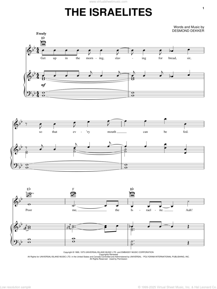 The Israelites sheet music for voice, piano or guitar by Desmond Dekker & The Aces and Desmond Dekker, intermediate skill level