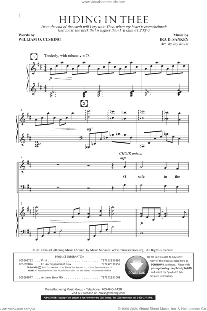 Hiding In Thee (arr. Jay Rouse) sheet music for choir (SATB: soprano, alto, tenor, bass) by Ira D. Sankey, Jay Rouse and William Cushing, intermediate skill level