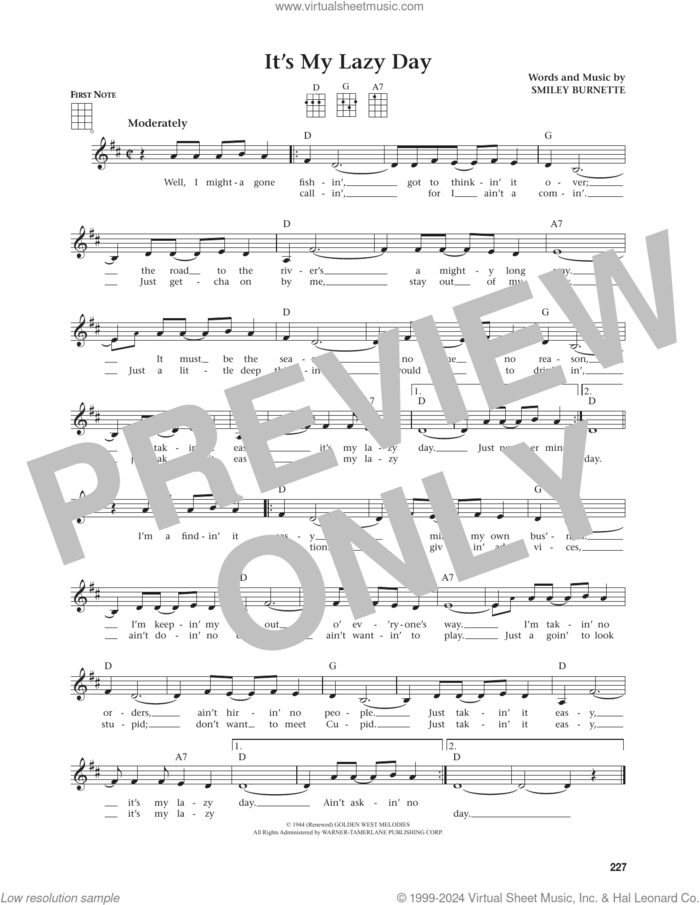 It's My Lazy Day (from The Daily Ukulele) (arr. Jim Beloff) sheet music for ukulele by Smiley Burnette and Jim Beloff, intermediate skill level