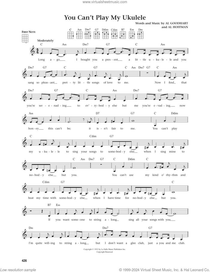 You Can't Play My Ukulele (from The Daily Ukulele) (arr. Jim Beloff) sheet music for ukulele by Al Hoffman, Jim Beloff and Al Goodhart, intermediate skill level