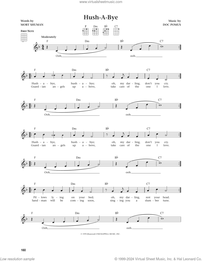 Hush-A-Bye (from The Daily Ukulele) (arr. Jim Beloff) sheet music for ukulele by Mystics, Jim Beloff, Doc Pomus and Mort Shuman, intermediate skill level