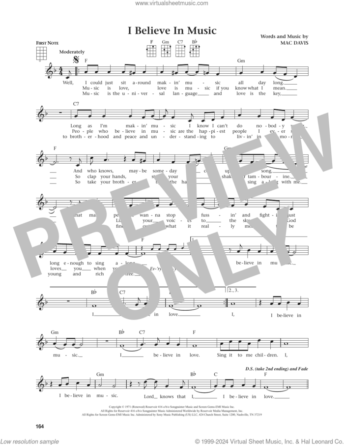 I Believe In Music (from The Daily Ukulele) (arr. Jim Beloff) sheet music for ukulele by Mac Davis and Jim Beloff, intermediate skill level