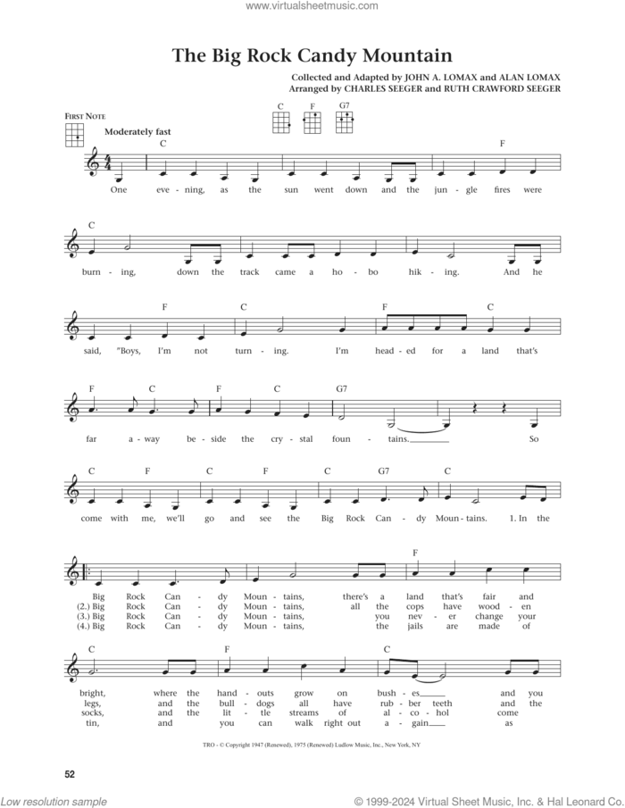 The Big Rock Candy Mountain (from The Daily Ukulele) (arr. Jim Beloff) sheet music for ukulele by John A. Lomax, Jim Beloff, Charles Seeger (arr.) and Ruth Crawford Seeger (arr.), intermediate skill level