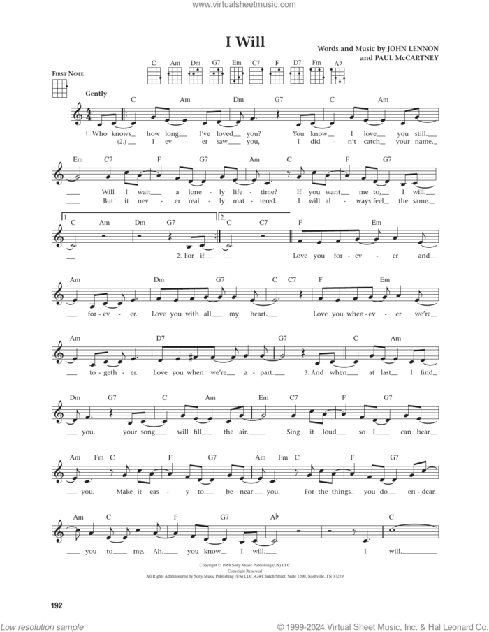 I Will (from The Daily Ukulele) (arr. Jim Beloff) sheet music for ukulele by The Beatles, Jim Beloff, John Lennon and Paul McCartney, intermediate skill level