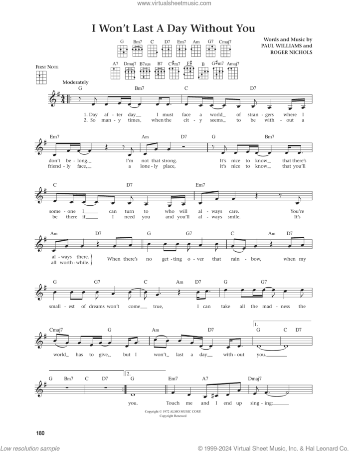 I Won't Last A Day Without You (from The Daily Ukulele) (arr. Jim Beloff) sheet music for ukulele by Paul Williams, Jim Beloff, Carpenters and Roger Nichols, intermediate skill level