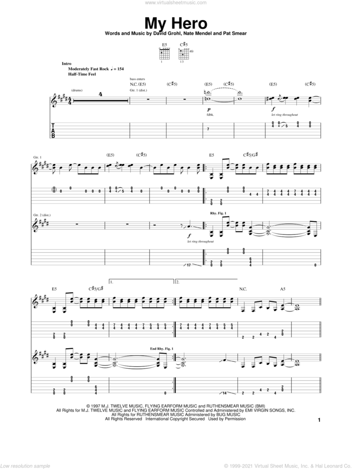 My Hero sheet music for guitar (tablature) by Foo Fighters, Dave Grohl, Nate Mendel and Pat Smear, intermediate skill level