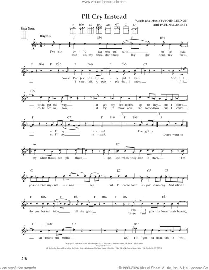 I'll Cry Instead (from The Daily Ukulele) (arr. Jim Beloff) sheet music for ukulele by The Beatles, Jim Beloff, John Lennon and Paul McCartney, intermediate skill level