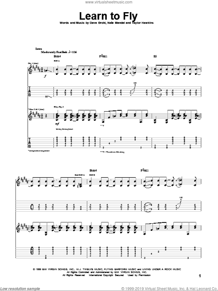 Learn To Fly sheet music for guitar (tablature) by Foo Fighters, Dave Grohl, Nate Mendel and Taylor Hawkins, intermediate skill level