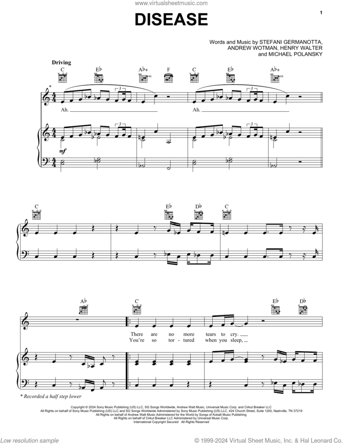 Disease sheet music for voice, piano or guitar by Lady Gaga, Andrew Wotman (Andrew Watt), Henry Walter and Michael Polansky, intermediate skill level