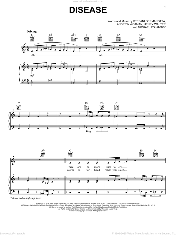 Disease sheet music for voice, piano or guitar by Lady Gaga, Andrew Wotman (Andrew Watt), Henry Walter and Michael Polansky, intermediate skill level