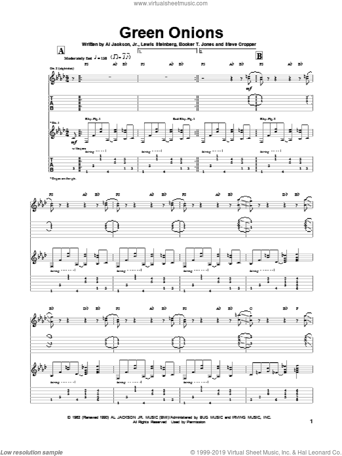 Green Onions sheet music for guitar (tablature) by Booker T. & The MG's, Al Jackson, Jr., Booker T. Jones, Lewis Steinberg and Steve Cropper, intermediate skill level