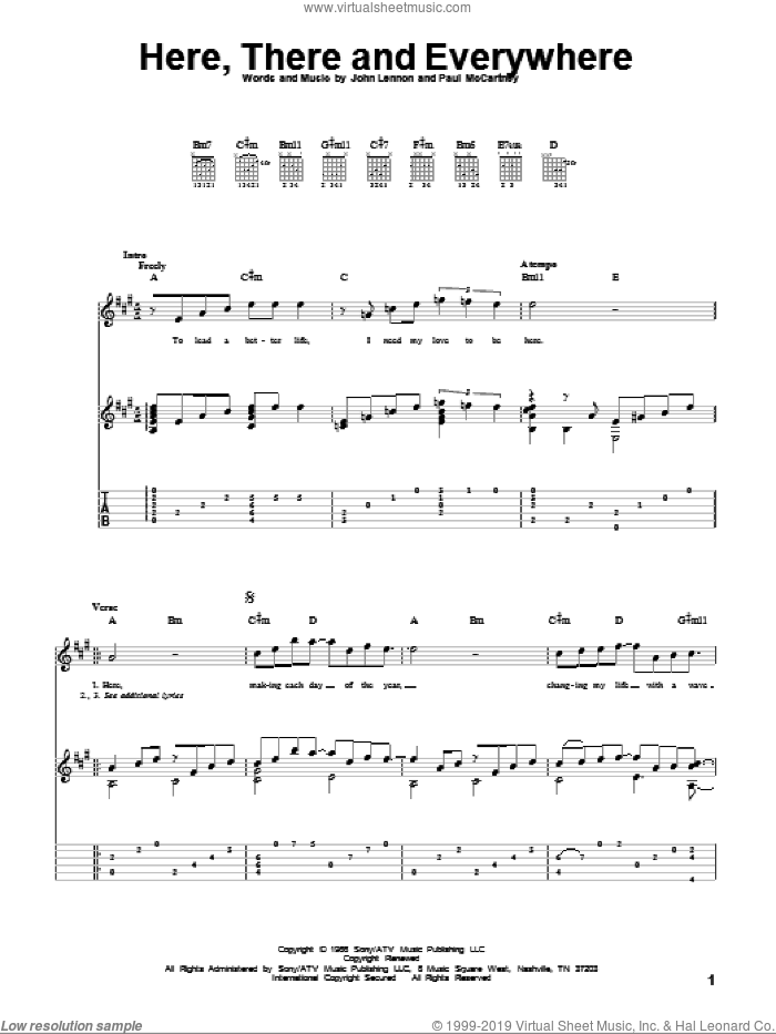 Here, There And Everywhere sheet music for guitar (tablature) by The Beatles, John Lennon and Paul McCartney, wedding score, intermediate skill level