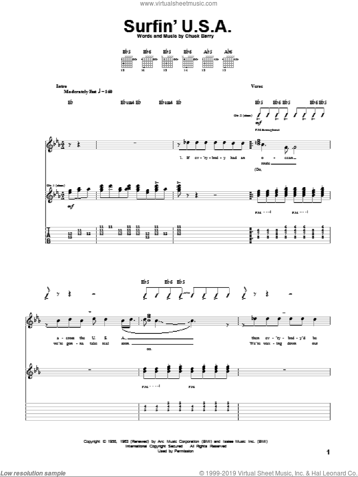 Surfin' U.S.A. sheet music for guitar (tablature) by The Beach Boys, Brian Wilson and Chuck Berry, intermediate skill level