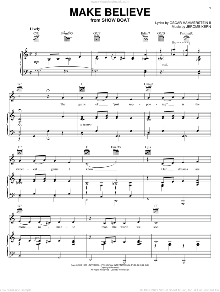 Make Believe sheet music for voice, piano or guitar by Jerome Kern, Benny Goodman, Bing Crosby, Peggy Lee, Show Boat (Musical) and Oscar II Hammerstein, intermediate skill level