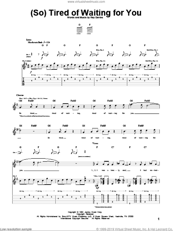 (So) Tired Of Waiting For You sheet music for guitar (tablature) by The Kinks and Ray Davies, intermediate skill level