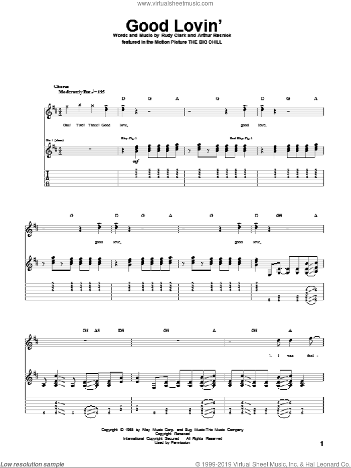 Good Lovin' sheet music for guitar (tablature) by The Young Rascals, Arthur Resnick and Rudy Clark, intermediate skill level