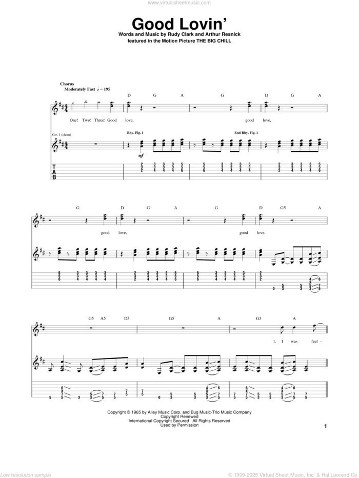 Good Lovin' sheet music for guitar (tablature) by The Young Rascals, Arthur Resnick and Rudy Clark, intermediate skill level