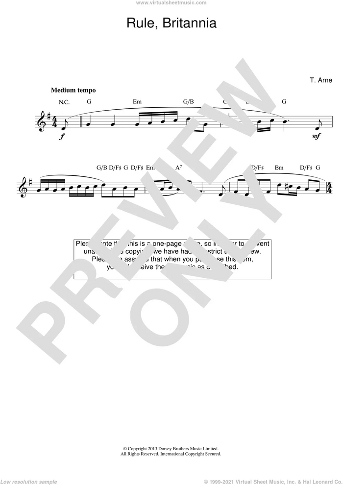 Rule Britannia sheet music for voice and other instruments (fake book) by Thomas Arne, intermediate skill level