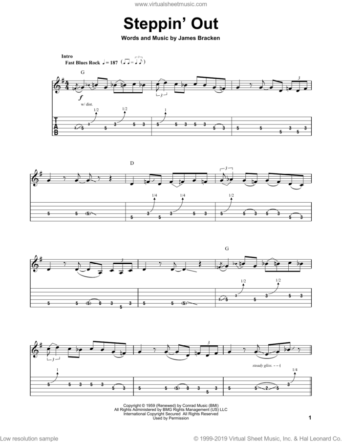 Steppin' Out sheet music for guitar (tablature, play-along) by Eric Clapton and James Bracken, intermediate skill level