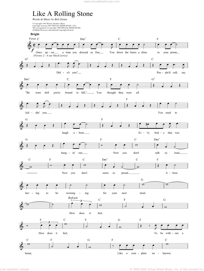 Like A Rolling Stone sheet music for voice and other instruments (fake book) by Bob Dylan, intermediate skill level