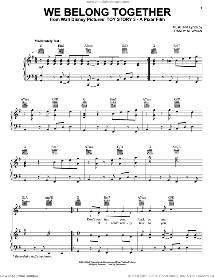 We Belong Together (from Toy Story 3) sheet music for voice, piano or guitar by Randy Newman and Toy Story 3 (Movie), intermediate skill level