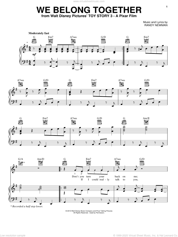 We Belong Together (from Toy Story 3) sheet music for voice, piano or guitar by Randy Newman and Toy Story 3 (Movie), intermediate skill level