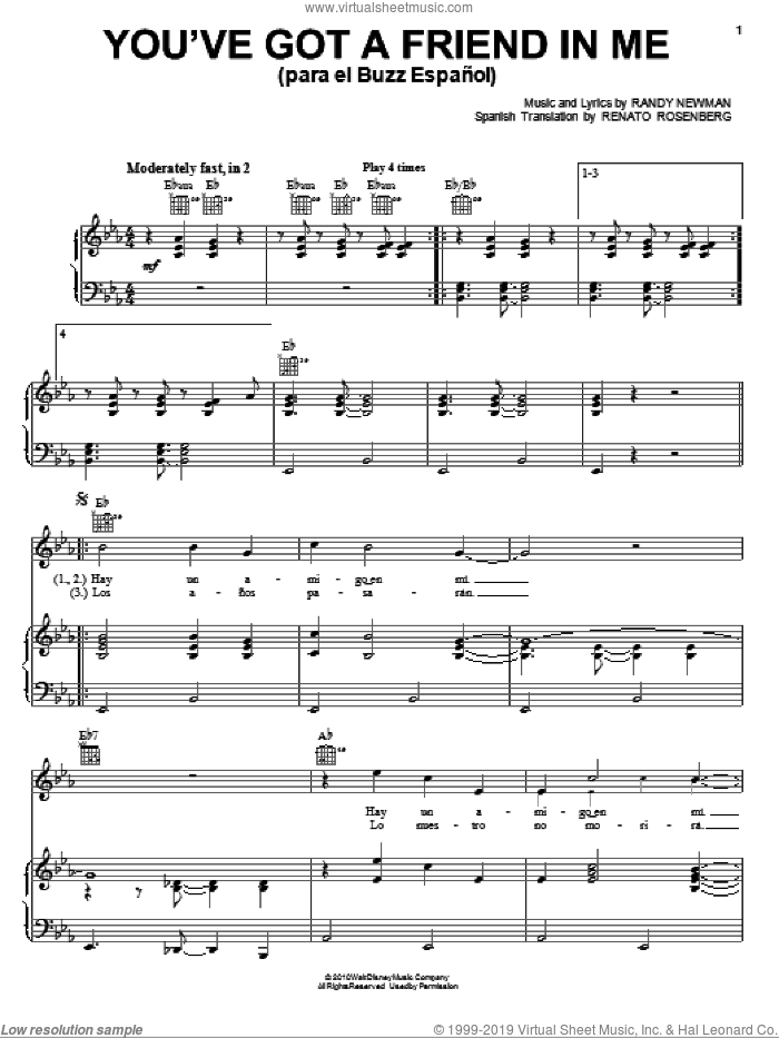 You've Got a Friend in Me (para el Buzz Espanol) (from Toy Story 3) sheet music for voice, piano or guitar by Randy Newman, The Gipsy Kings, Toy Story 3 (Movie) and Renato Rosenberg, intermediate skill level