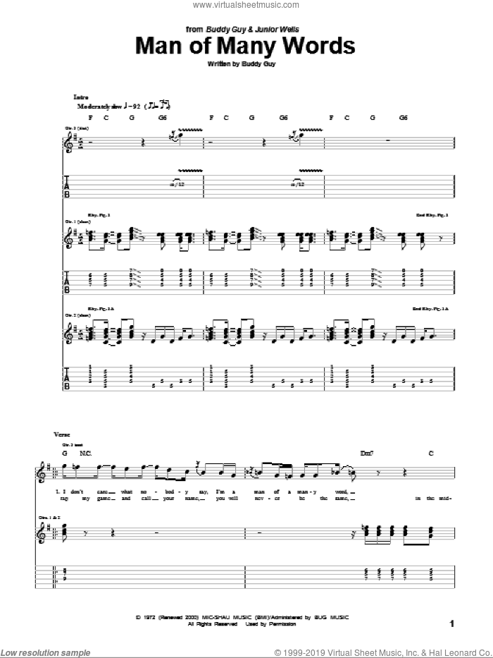 Man Of Many Words sheet music for guitar (tablature) by Buddy Guy, intermediate skill level