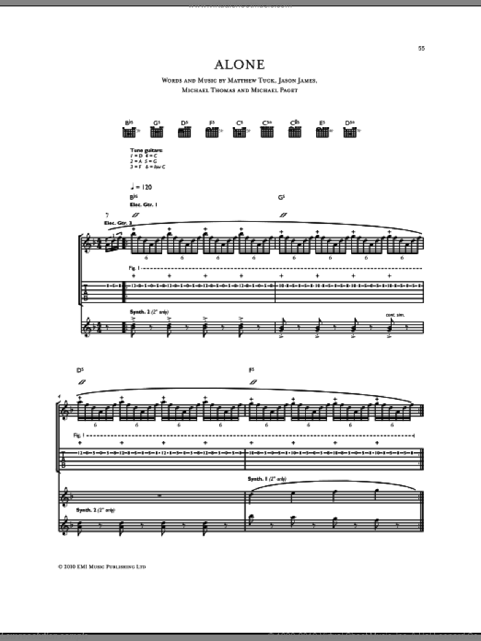 Alone sheet music for guitar (tablature) by Bullet For My Valentine, Don Gilmore, Jason James, Matthew Tuck, Michael Paget and Michael Thomas, intermediate skill level
