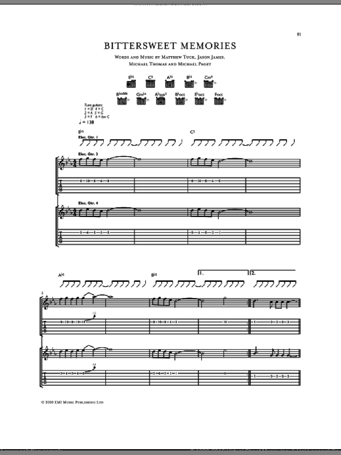 Bittersweet Memories sheet music for guitar (tablature) by Bullet For My Valentine, Don Gilmore, Jason James, Matthew Tuck, Michael Paget and Michael Thomas, intermediate skill level