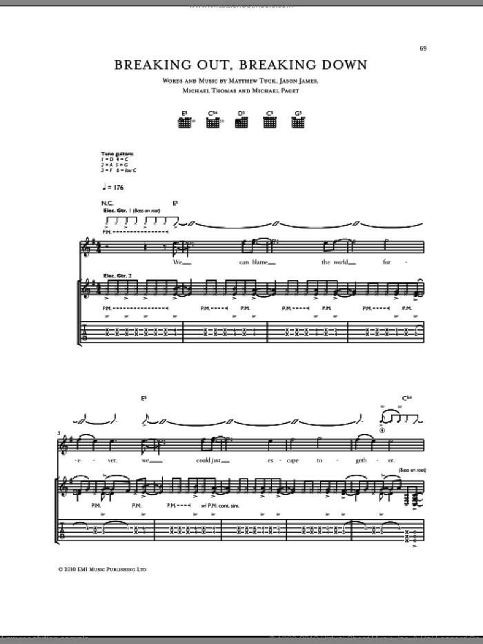 Breaking Out, Breaking Down sheet music for guitar (tablature) by Bullet For My Valentine, Don Gilmore, Jason James, Matthew Tuck, Michael Paget and Michael Thomas, intermediate skill level