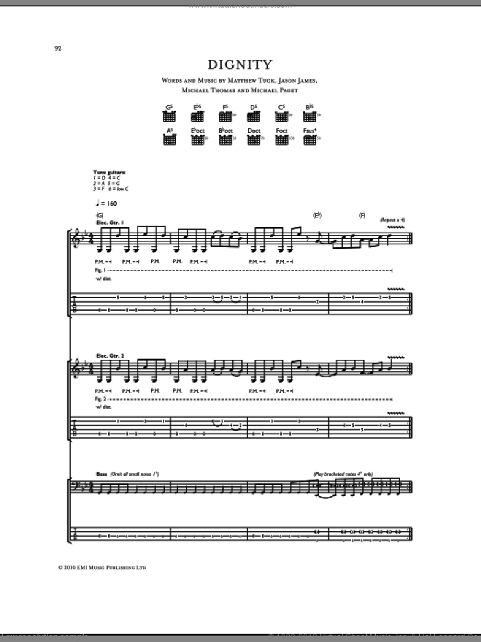 Dignity sheet music for guitar (tablature) by Bullet For My Valentine, Don Gilmore, Jason James, Matthew Tuck, Michael Paget and Michael Thomas, intermediate skill level