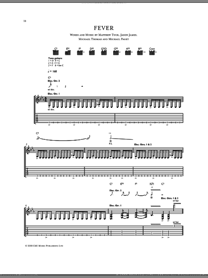 Fever sheet music for guitar (tablature) by Bullet For My Valentine, Don Gilmore, Jason James, Matthew Tuck, Michael Paget and Michael Thomas, intermediate skill level